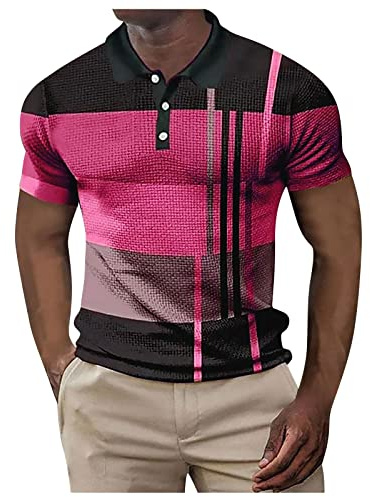 Polo à manches courtes pour homme Printemps et été boutonné 2025 - Motif à carreaux - Couleur assortie - Imprimé rayé - Manches techniques, rose vif, L