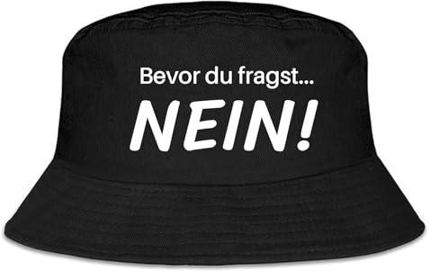 Fischerhut Lustig Schwarz “Bevor du fragst... Nein!” Bucket Hat | Anglerhut Sommerhut für Damen Herren Hut mit Spruch für Teenager Junge Mädchen