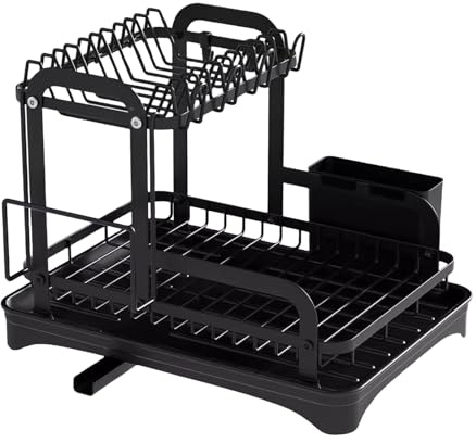 Rrlihjgu Scaricatore di,Scolada Lavello Nero per Cucina - Organizzatore Risparmio Spazio con Vassoio di Scarico per Posate Scodelle Tazze Tazzine Casa e Appartamento Bancone Ristorante