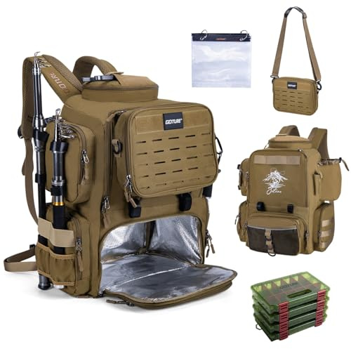 Goture Angelausrüstungsrucksack mit 4 Angelboxen, 900D großer Angelrucksack mit abnehmbarer Umhängetasche