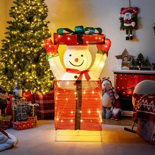 COSTWAY Pupazzo di Neve Illuminato in Confezione Regalo 115 cm, Decorazione Natalizia con Pupazzo di Neve Pop-Up, 100 Luci a LED, per Interno ed Esterno, Scatola Regalo 3D per Festa, Casa e Giardino