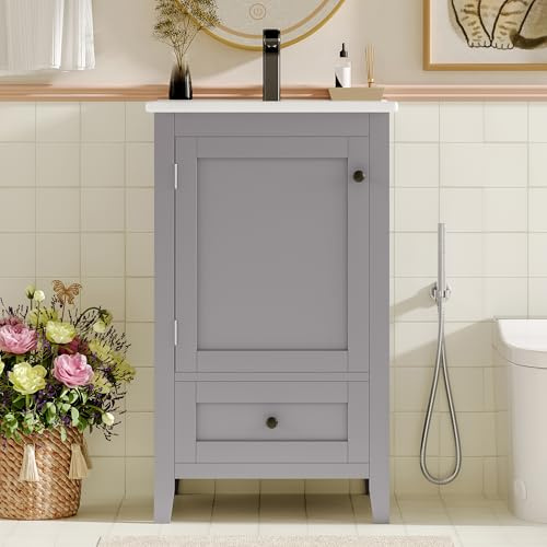 Lavabo con lavabo gris, 51 cm, juego de muebles de baño de pie para invitados, inodoro y baño pequeño, armario de baño de cerámica completamente lacado, cajón de cierre suave y estante para puerta