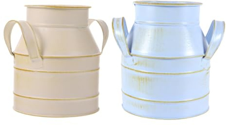SHINEOFI Secchiello per Fiori in Ferro Vintage Doppia Maniglia Set da 2 Pezzi in Stile Retrò Azzurro Chiaro e Bianco Latte Vaso Decorativo Multifunzione per Composizioni Floreali e