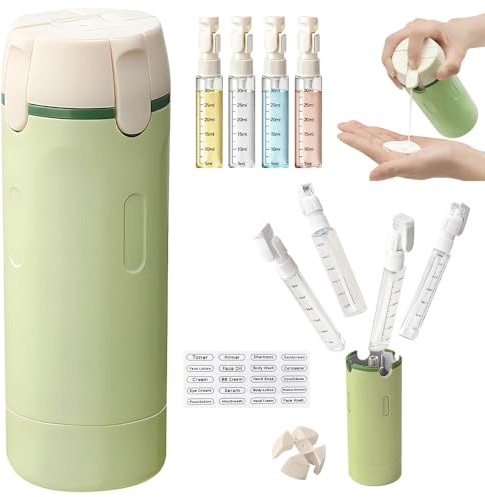SKJJM Flacon Distributeur de Voyage 4 en 1, Récipients Portables Rechargeables Anti-fuites, Bouteilles de Voyage 4 en 1 avec Echelle et Etiquette, pour Shampooing, Lotion, Baume et Crème