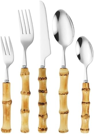 Set di posate da cinque pezzi in acciaio inox 304, con manico in bambù (coltello, forchetta e cucchiaio), finitura a specchio, stile occidentale, ideale per bistecche e dessert.