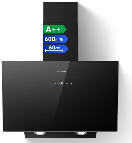 TopStrong 60cm Cooker Hood, Wall Mounted Extractor Fan Kitchen, 600m³/h, Tempered Glass & Aluminium, Touch Control, 3 Speed, LED, Black Wall-Mounted Vent Hood