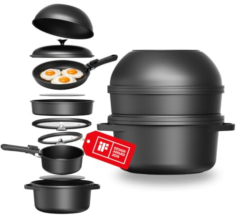 CuliStack® Pro Topfset 12-teilig, Töpfe & Pfannen Set mit abnehmbarem Griff, stapelbar und platzsparend, Antihaft Kochtopf Set und Camping Kochset für Induktion und Ceranfeld, einfache Reinigung