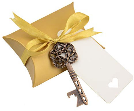 Aokbean 50pcs Vintage Skeleton Key Bottle Openers Wedding Favors Souvenir Gift Set for Guests Pillow Candy Box Escort Thank You Tag French Ribbon (Antique Copper)