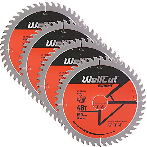 WellCut TCT Saw Blade 190mm x 48T x 30mm Bore Suitable for C7U2, GKS190, GKS65, DWE576 Pack of 4