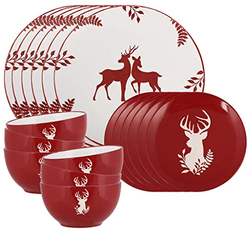 18 Piece Red Reindeer Stoneware Dinner Set | Dishwasher Safe, Microwave Safe, 6 Dinner Plates, 6 Side Plates, 6 Dessert Bowls, Ceramic, Glazed, Dinnerware Set