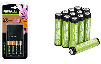 Duracell 45 Minutes Battery Charger with 2 AA and 2 AAA & Amazon Basics AAA Rechargeable Batteries, Pre-charged - Pack of 12 (Appearance may vary)