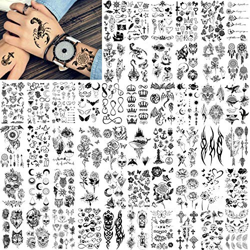 FANRUI 52 Sheets Creative Black Tiny Crown Infinity Triangle Fake Tattoos For Men Women Realistic Stars Letters Tattoos For Kids Temporary Waterproof Arm Hand Face Finger Neck Tatoo Stickers