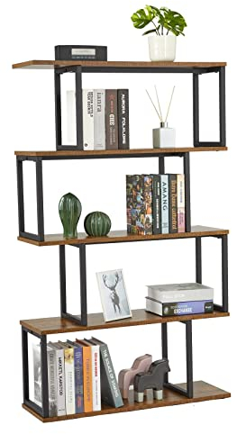 Mondeer Bücherregal, Standregal mit 4 Ebenen, Aufbewahrungsregal Holz S-Form, Industrie Design, 76 x 24 x 127.5 cm, Dekoregal für Pflanzen & Bücher, Wohnzimmer, Schlafzimmer, Büro, Braun