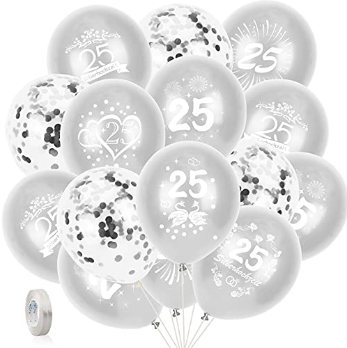 DPKOW 35pcs 25. Hochzeitstag Luftballons für Silberhochzeit Deko, Silber 25. Silberhochzeit Latexballons und Silber Konfetti Luftballons, 25 Jubiläum Silber Hochzeitstag Deko Zubehör, 6 Design