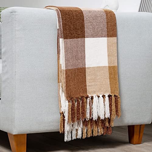 RECYCO Buffalo Paid Chenille Throw Blanket for Couch, Soft Cozy Decorative Buffalo Check Blanket Throw with Tassels for Bed Sofa, Lightweight Chenille Knitted Throw, Plaid Brown Off White, 50'' x 60''