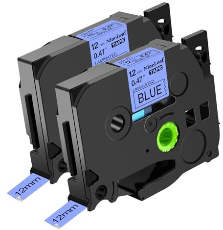 NineLeaf 2 x Kompatibel für Brother P-touch TZe-531 TZe531 TZ-531 TZ531 AZe-531 TZE Schriftband 12mm 0.47'' Schwarz auf Blau Laminiert Etikettenband für Ptouch PT-D210 D210BK D450 Beschriftungsgerät