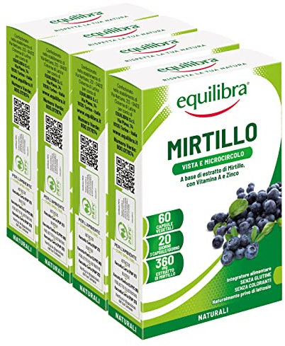 4x Equilibra Integratore Vista e Microcircolo Mirtillo Zinco e Vitamina A Senza Glutine - 4 Confezioni da 60 Capsule
