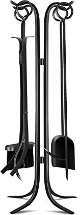 Lot de 5 outils de cheminée en fer forgé robuste avec tisonnier, pince, pelle, brosse pour intérieur et extérieur Noir 81,3 cm