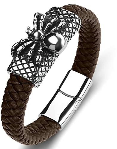 Dsnyu Armband Leder Paare, Braun Bettelarmband Junge mit Magnet Verschluss, 18.5CM Spinne Herrenarmband Retro zum Valentinstag