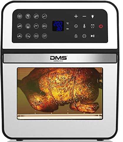 DMS XXXL 12 Liter Heißluftfritteuse Fritteuse| Backofen | Heißluftgrill | Dörrautomat | Drehgrill und Drehspieß | fettfrei und ohne Öl | inklusive 12 Programmen und digitalem Touch Display | 1800 Watt