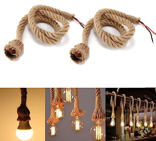 Weskjer 2 Pcs Lámpara colgante industrial 1M cuerda de cáñamo ligera vintage E27 cuerda de luces colgantes para comedor, sala de estar, restaurante, bar, cafetería