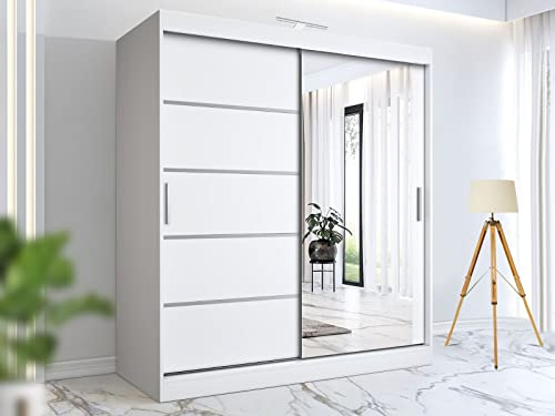 RAC3 Wardrobes for Bedroom with Mirrored Sliding Door & LED Light Premium Wardrobe Storage with Sleek Design comes in Colours Black/White/Grey/Oak- Different Sizes from 120cm - 250cm (White, 180cm)