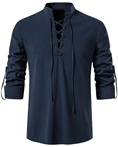 LUYANA Leinenhemd Freizeit Herren Hemden Long Sleeve Urlaub Shirt Sommerhemd Freizeithemd Marine 3XL