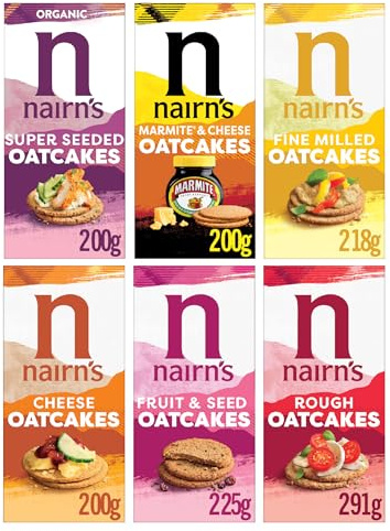 Nairn's Oatcakes - Variety Pack - Wholegrain Oatcakes - High in Fibre - Assorted Flavours: Cheese, Rough, Fine Milled, Fruit & Seed, Super Seeded, Mixed Peppercorn & Sea Salt - Pack of 6