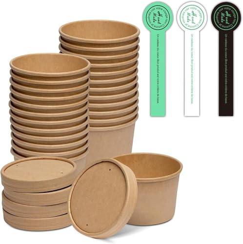 [25 juegos – 8 onzas] Recipientes de papel kraft para sopa de alimentos con tapas ventiladas, cuencos desechables para microondas, tazas de helado, ideales para restaurantes – 30 etiquetas
