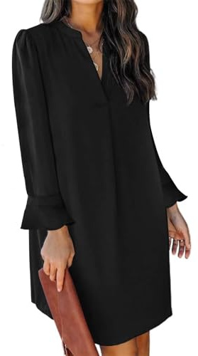 JOCAFIYE V-Ausschnitt Langarm Kleid Frauen V-Ausschnitt Langarm Frühling Herbst Mini Kleid Atmungsaktiv Weiche Hautfreundliche Bequeme Tunika Kleid Schwarz L