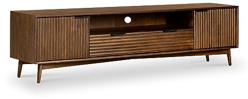 Oskar Extra Large 190cm Grooved TV Unit for Living Room | Roseland Furniture Contemporary Retro Walnut Stained Solid Wooden Fluted Acacia TV Stand Cabinet for 89 inch Televisions