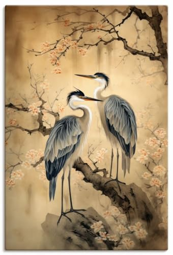 ARTLAND Wanddeko Leinwand Bilder Wandbild 80x120 cm Asiatische Deko Kraniche Bäume Blumen Kirschblüten Vintage U4WB