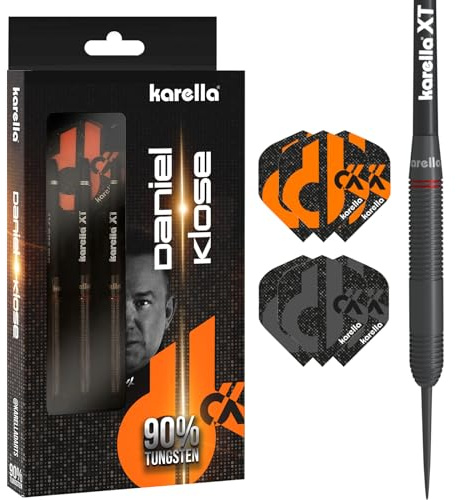 Karella Steeldart Daniel Klose, 90% Tungsten, 3 Ausführungen mit 20 g, 22 g, 24 g, inkl. 2 Flight Sets, 3 Pfeile mit Metallspitze, für Klassische Dartscheibe, Dartboard
