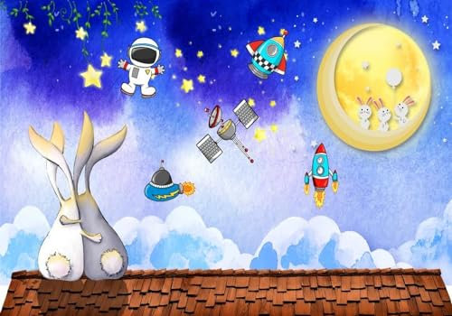 Fototapete Schlafzimmer Kinderzimmer 3D Tapeten 3D Effekt Wohnzimmer Ästhetische Cartoon Raumschiff Kaninchen Mond Wandposter Xxl Waterfall Weiß Grau Blumen Wald Natur Mustertapete