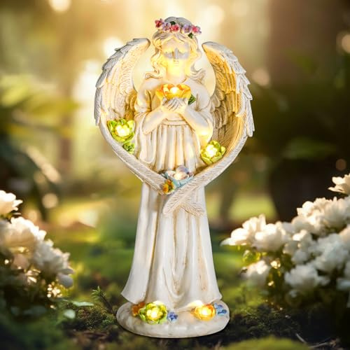 Solar Angel Outdoor Garden Decor Statues - 11.5 inches Angel Figurines Outdoor Sculptures with Succulent, Garden Statues for Outside, Patio, Balcony, Lawn Ornaments or Housewarming Gift
