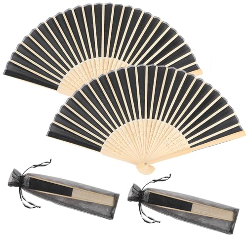 Handfächer, 2er Klein Handfächer aus Stoff für eine Abkühlung im Sommer, Faltbar Fächer mit Fan-Tasche - für Hochzeite Bevorzugung Aufführung Tanz Dekoration (Schwarz)