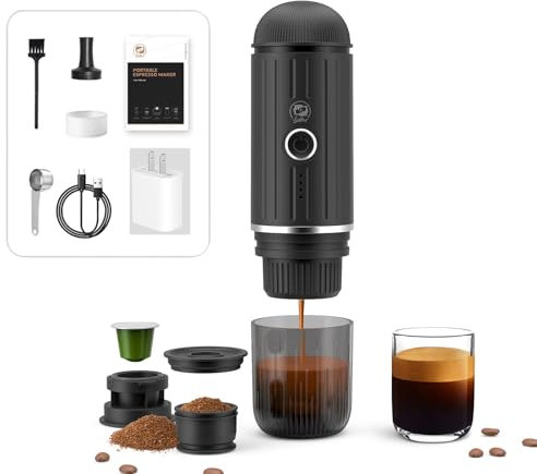 HAILASRE Portable Espresso Machine with 3-4 Min Self-heating, 12V Rechargeable Electric Coffee Machine 19 Bar Compatible with NS Capsules and Ground Coffee for Car Camping Travelling