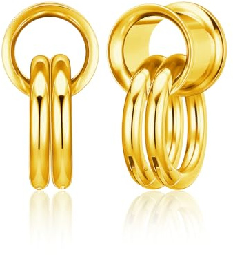 PiercingJak Ohr Flesh Tunnel Double Flared Plug mit Ringen Edelstahl Gewichte Ohrhänger für Gestreckte Expander Ohrpiercing Damen Männer Ohrplugs 8mm 10mm 12mm 14mm Punk Schmuck, 1Paar