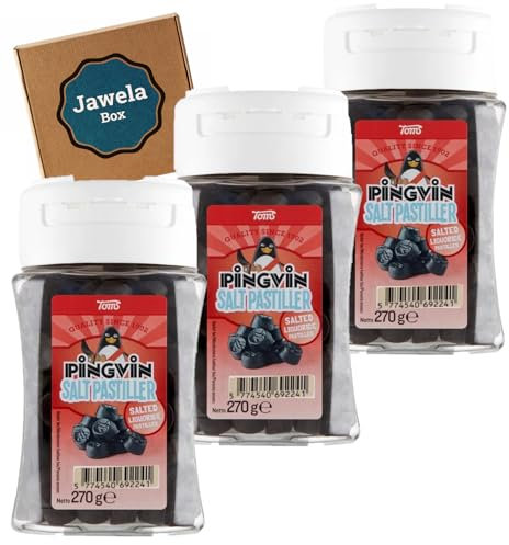 Toms Pingvin Salt Pastiller 3er Set - 3 x 270g salzige Lakritz Pastillen - Jawela Box - original dänisches Lakritz Salzlakritz
