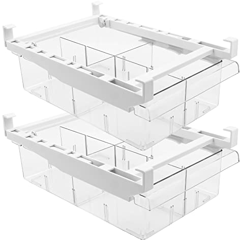 Xaztr Lot de 2 organiseurs de tiroir de réfrigérateur, tiroirs de rangement coulissants en plastique transparent avec 4 sections séparées, convient pour étagère de réfrigérateur de moins de 1,5 cm