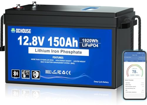 DCHOUSE 12V 150Ah LiFePO4 Bluetooth Lithium Batterie mit SOC Leuchte | 120A BMS, Tieftemperaturschutz, 4000+ Deep Cycle Lithium Batterie, für Wohnmobile,Solaranlagen,Wohnwagen, Trolling-Motoren