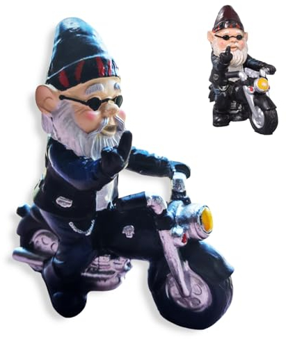 Norhogo Decorazione da giardino, nano da giardino, nani da moto, nano da giardino, divertente, decorazione per la terrazza, balcone, moto, gnomo, vecchio, giardino, casa, ufficio, decorazione in