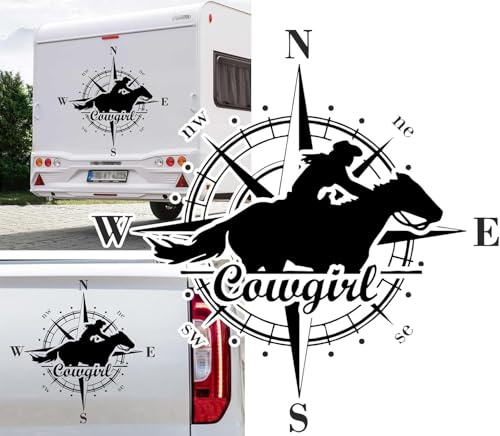 Rakelfix Kompass Cowgirl Pferd Westernreiterin Mädchen Aufkleber Größe&Farbe wählbar Hund Hunde Wohnmobil Caravan Autoaufkleber Sticker Kompassrose Windrose Camper