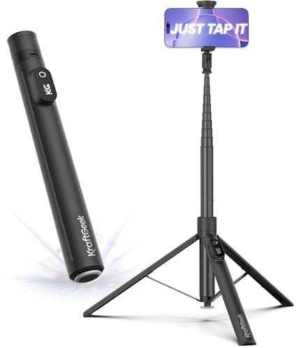 KraftGeek Automatic Phone Tripod for Smartphone, 66/168cm Portable Selfie Stick Tripod for iPhone/Samsung, Phone Stand for Filming with Remote Control for Vlogging & Content Creation, Black