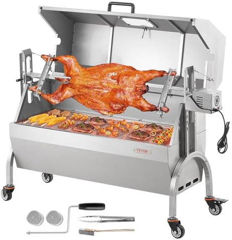 VEVOR Barbecue ad agnello, per maialino e arrosti, 90 kg, per maiale intero, agnello, capra, motore elettrico 52 W, in acciaio inox, con ruote bloccabili