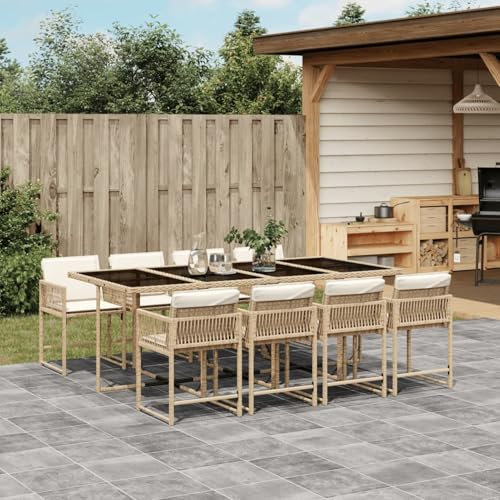 Homgoday 9-TLG. Garten-Essgruppe mit Kissen Gartenmöbel Set Balkonmöbel Sitzgruppe Stühle mit Tisch, Terrassenmöbel Gartenstuhl Gartentisch, Rattanmöbel Gartengarnitur Beige Poly Rattan
