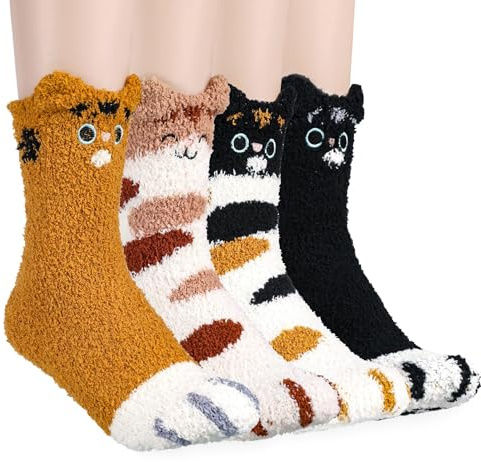 MKLG 4 Paare Katzensocken, Cat socken Kuschelsocken Damen Fluffy Socks Lustige Katze Socken für Frauen und Mädchen