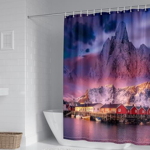 Epinki Duschvorhang Eckdusche Schneeberge Landschaften, Polyester Badewanne Vorhang Blau Lila, Textil Stoff Badvorhang mit Duschvorhangringen, 300x200cm