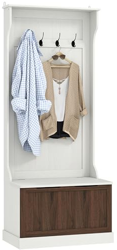 HOMCOM 3 in 1 Appendiabiti da Ingresso con Scarpiera, Attaccapanni da Terra Salvaspazio con 4 Ganci e Panca Contenitore, in MDF, per Corridoio, Camera da Letto, 71.5x39.5x170 cm, Bianco e Marrone