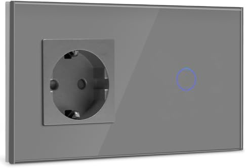 BSEED Enchufe con Interruptor, Interruptor de Luz Táctil de Cristal Switch Empotrado, Enchufe Schuko con 1 Gang 2 Vías Wall Switch Gris(No Smart)